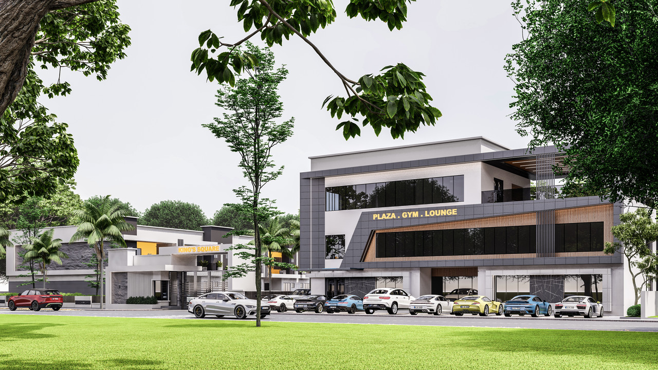 The arrival experience — secured gate house fronting the commercial plaza.