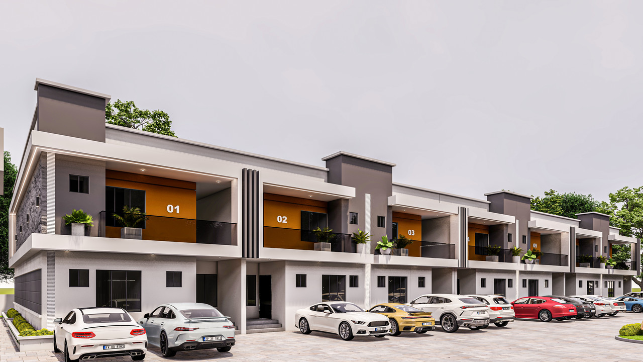 Landscaped courtyard threading between the terrace homes.